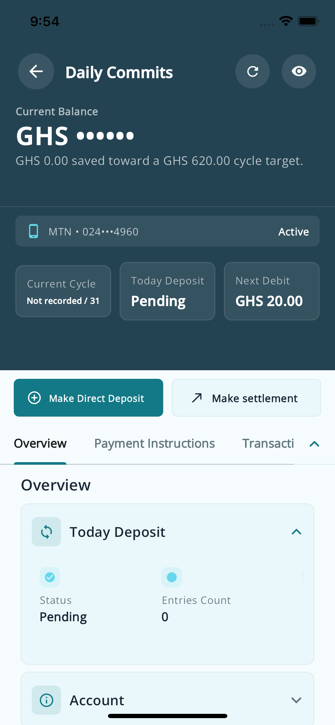 SusuBox Daily Susu account detail screen