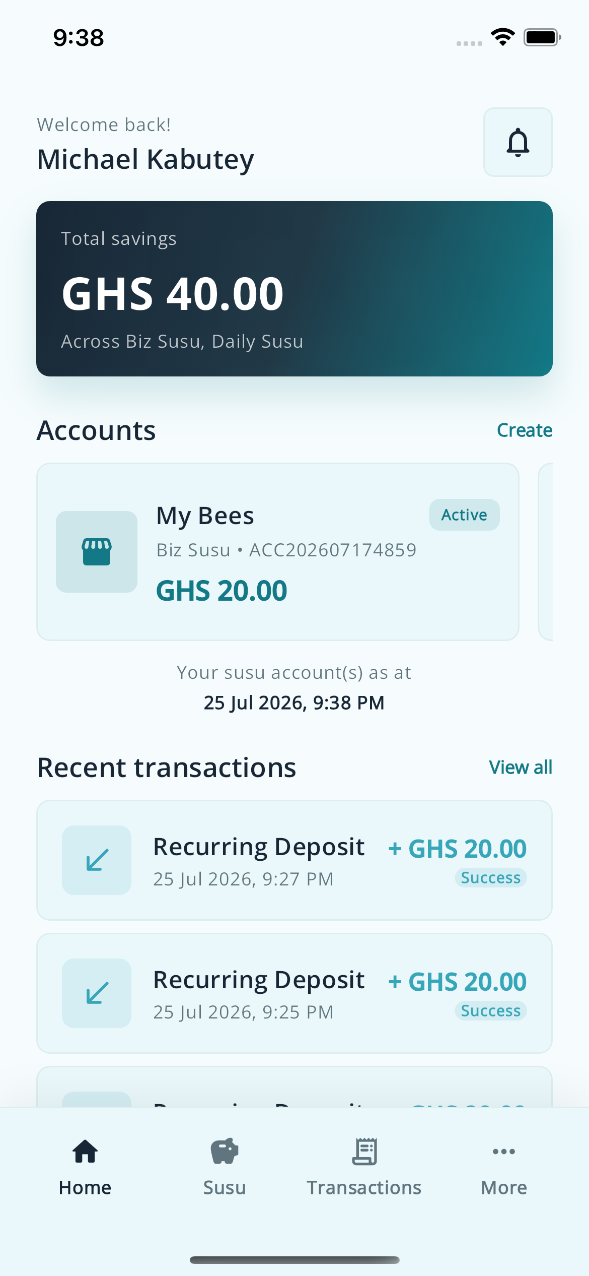 SusuBox app home dashboard