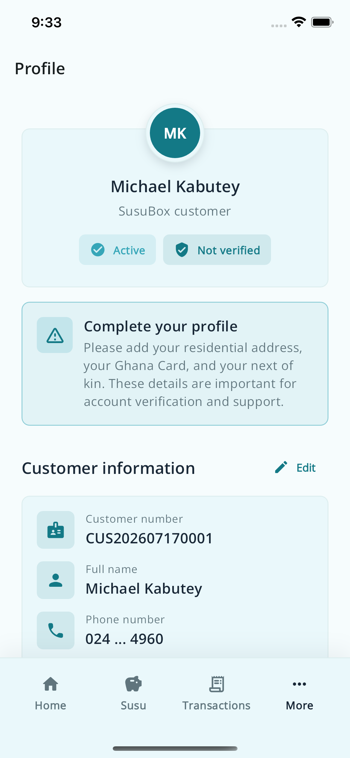SusuBox app profile and account management screen