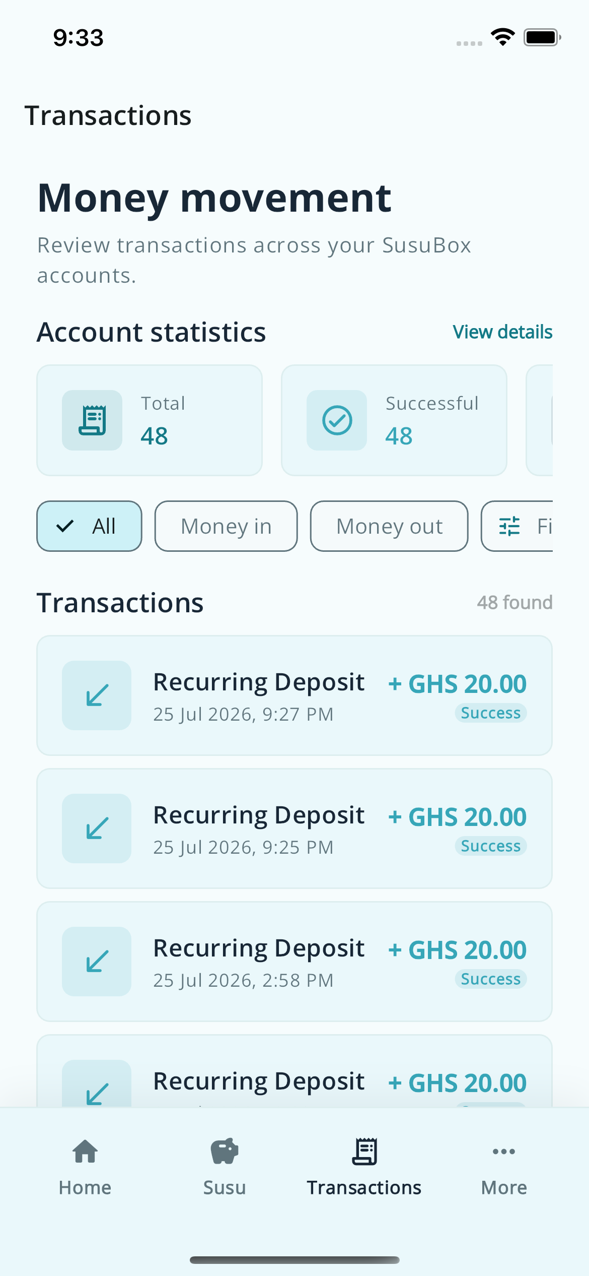 SusuBox app transactions overview