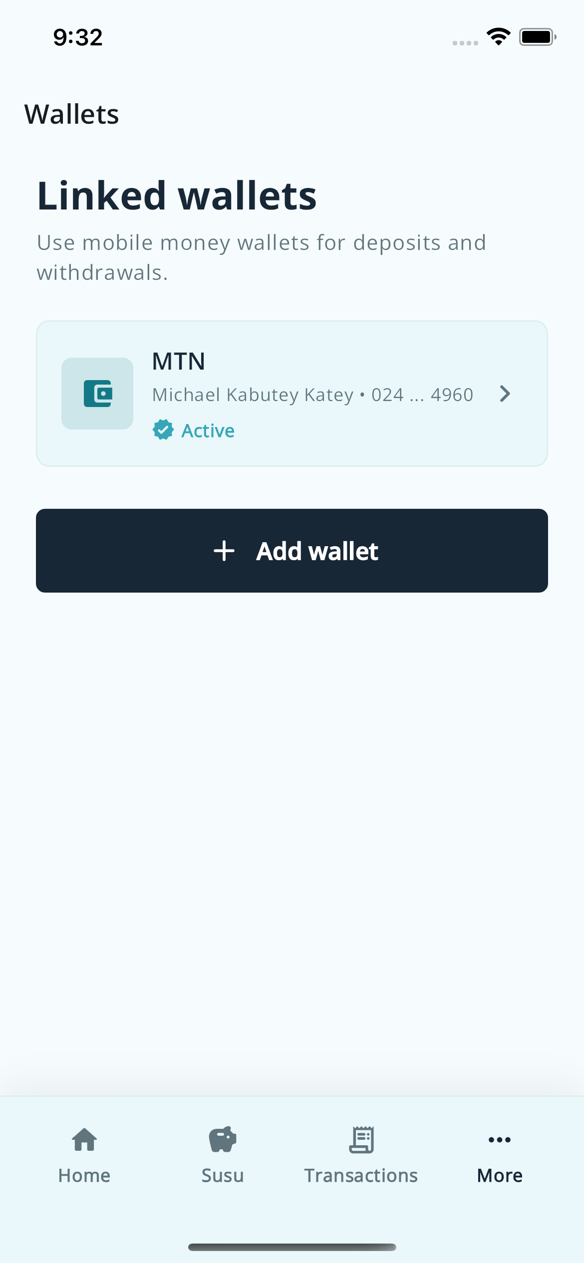 SusuBox app wallet overview screen